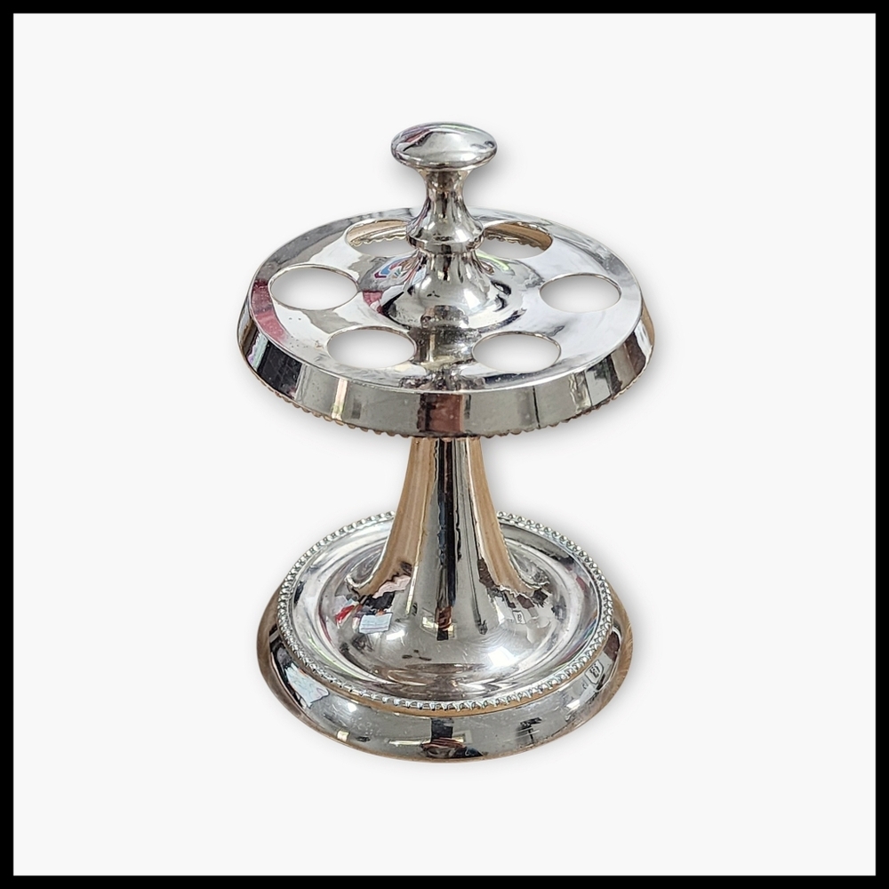 Vintage Brass Scallop Beaded Pedestal Toothbrush Holder Polished Silver Tone